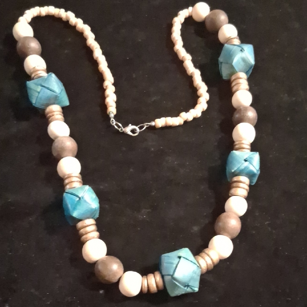 Sylca Turquoise and Brown Wooden Basket Weave Beaded Necklace.